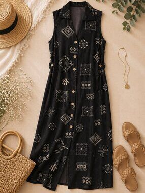 Dana Kay Black Button Front Midi Dress Geometric Print Size 16